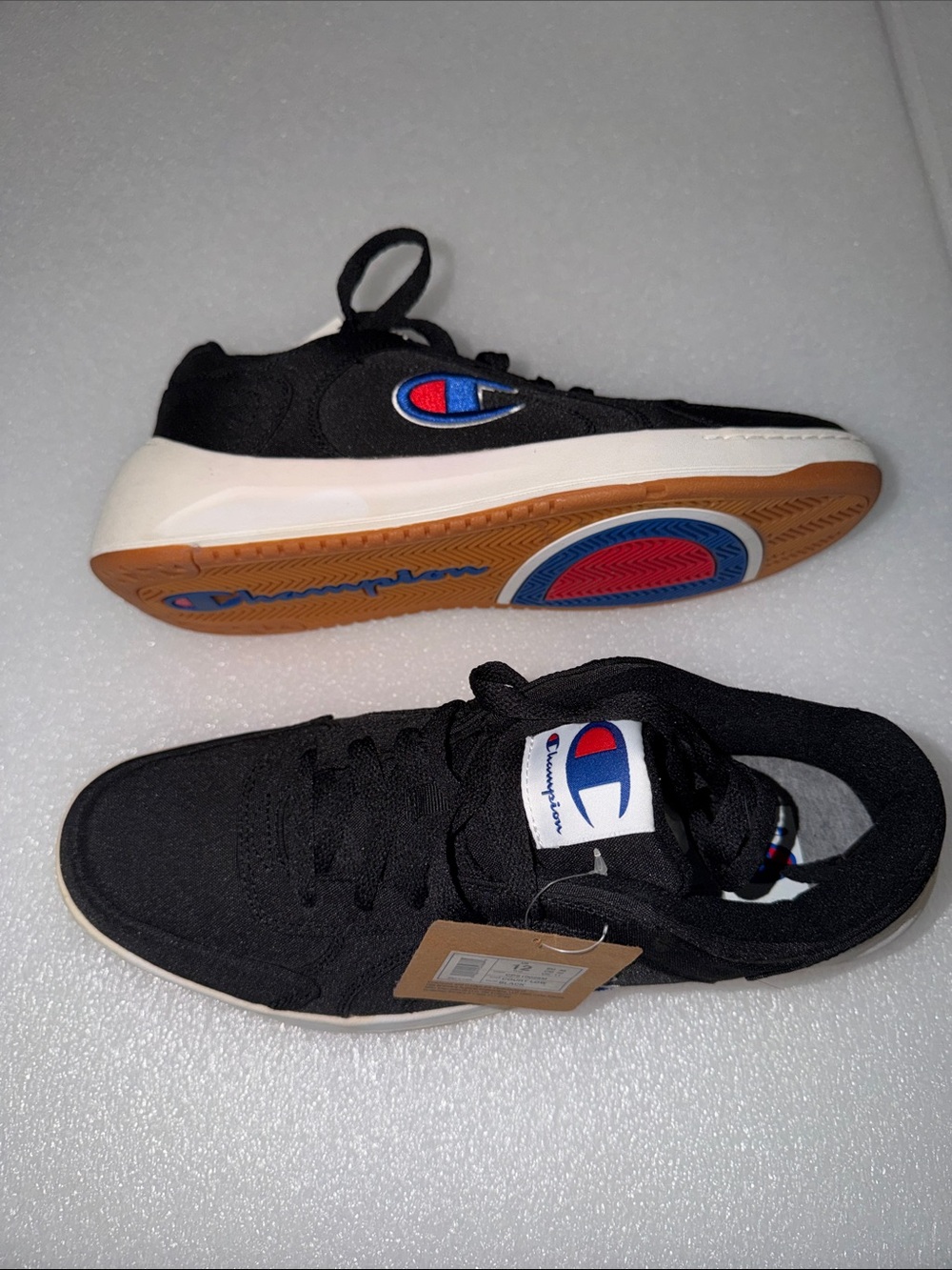Champion Kids Black Low-Top Sneakers with Gum Outsole and Red/Blue Logo
